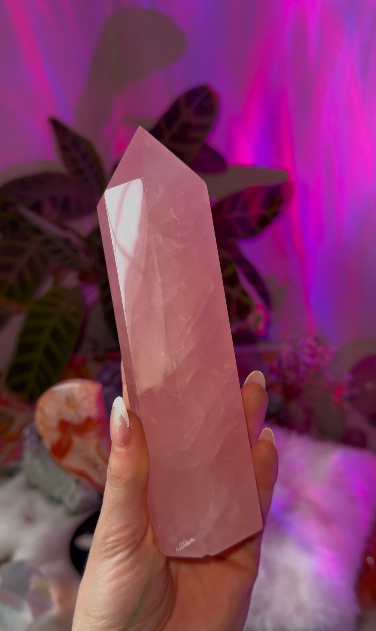 Large rose quartz tower